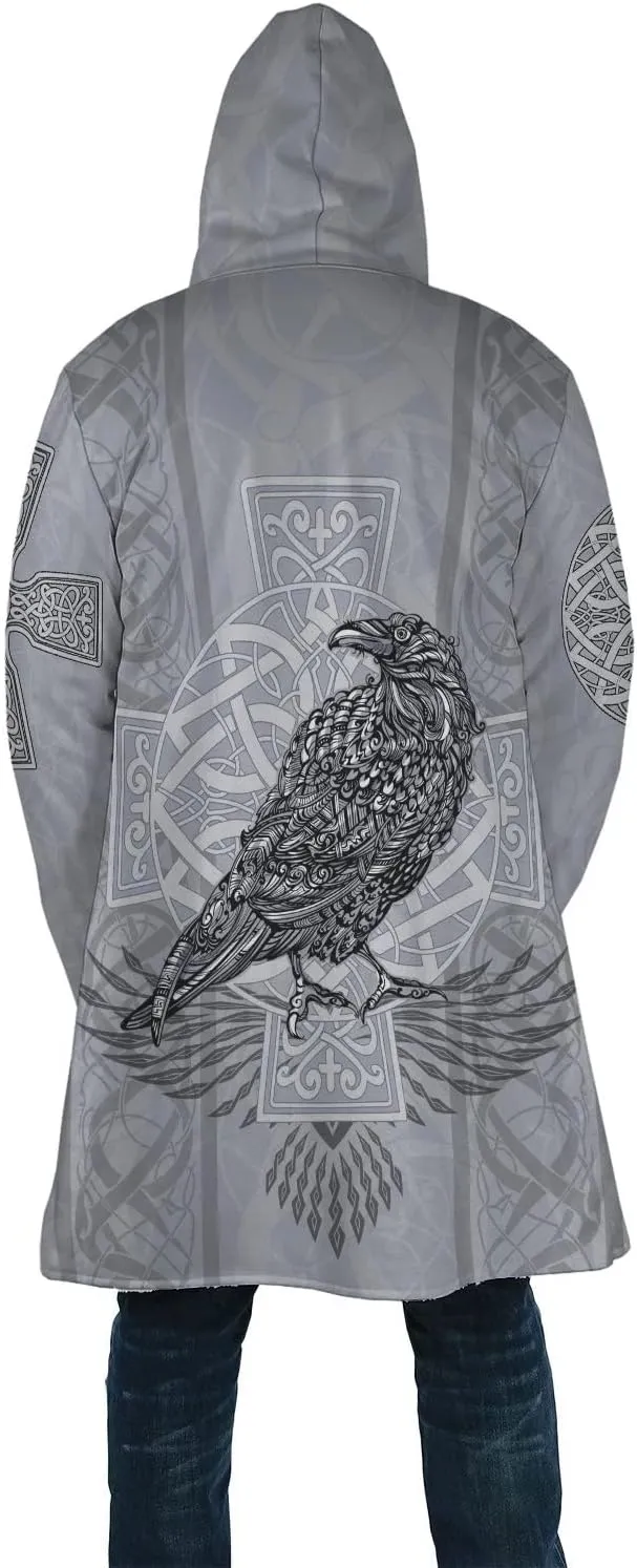 Odin Raven Men Viking Hooded Coat, Nordic Faux Cashmere Cloak 3D Printed Overcoat Winter Mid-Length Parka Jacket