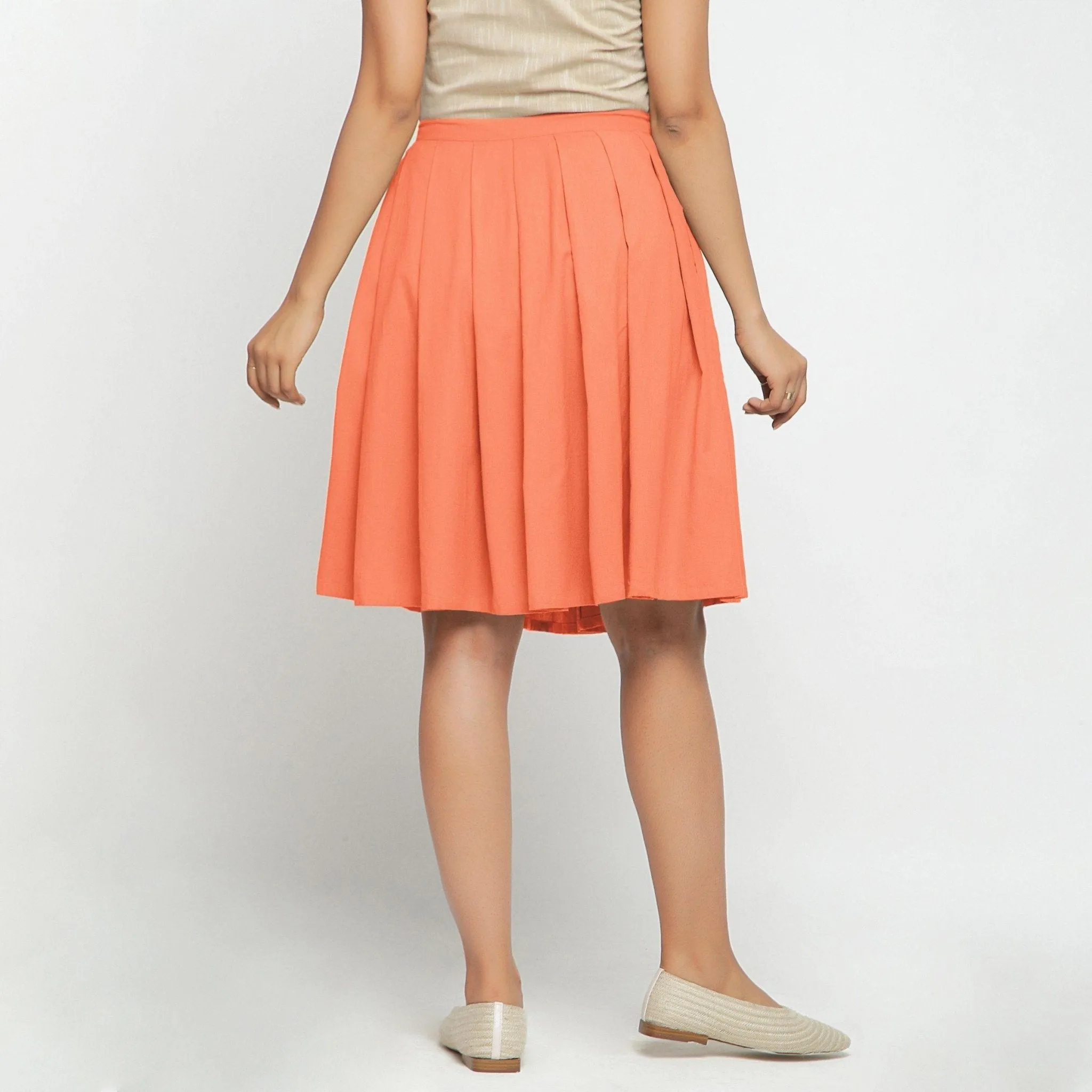 Peach Cotton Flax Pleated Knee Length Skirt