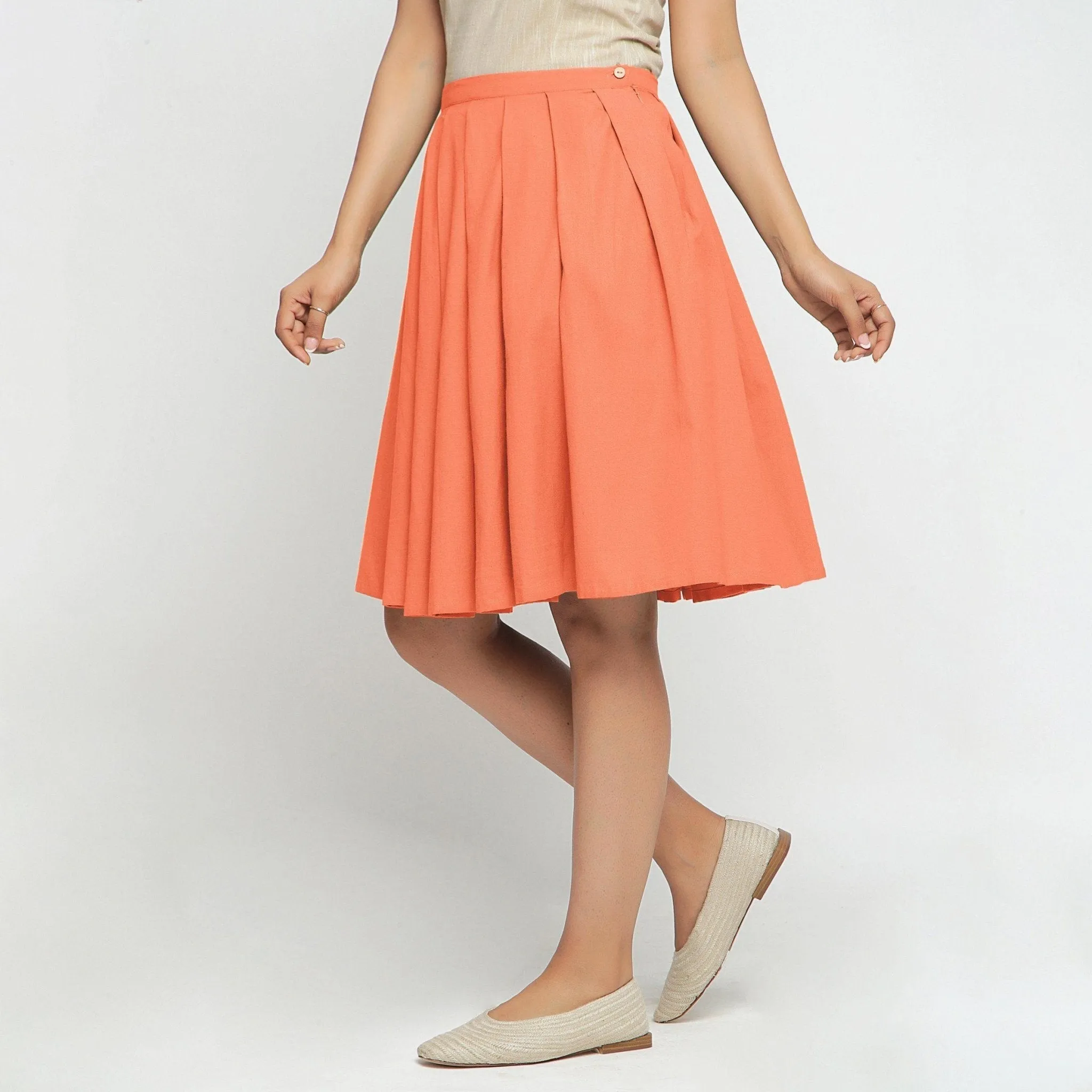 Peach Cotton Flax Pleated Knee Length Skirt