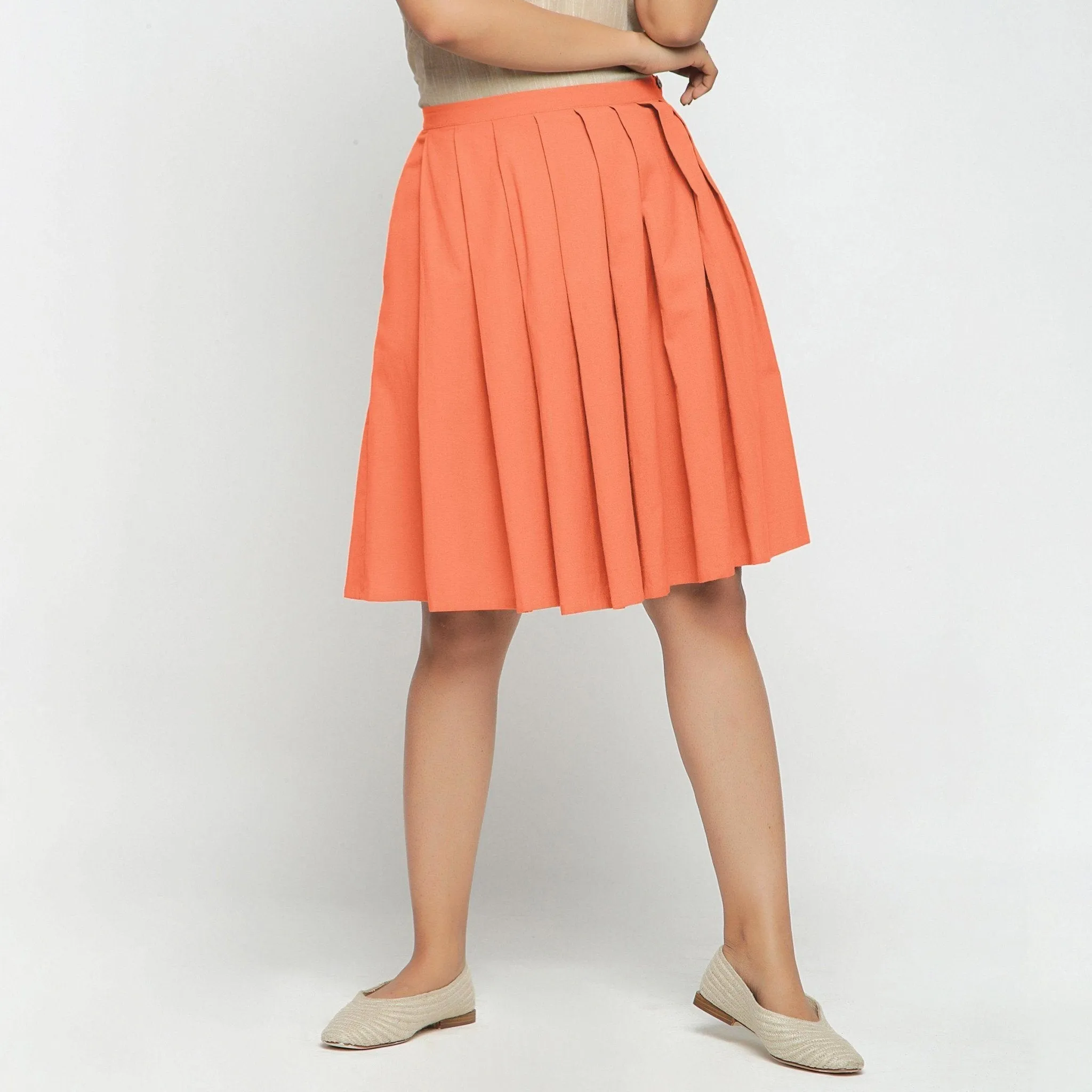 Peach Cotton Flax Pleated Knee Length Skirt
