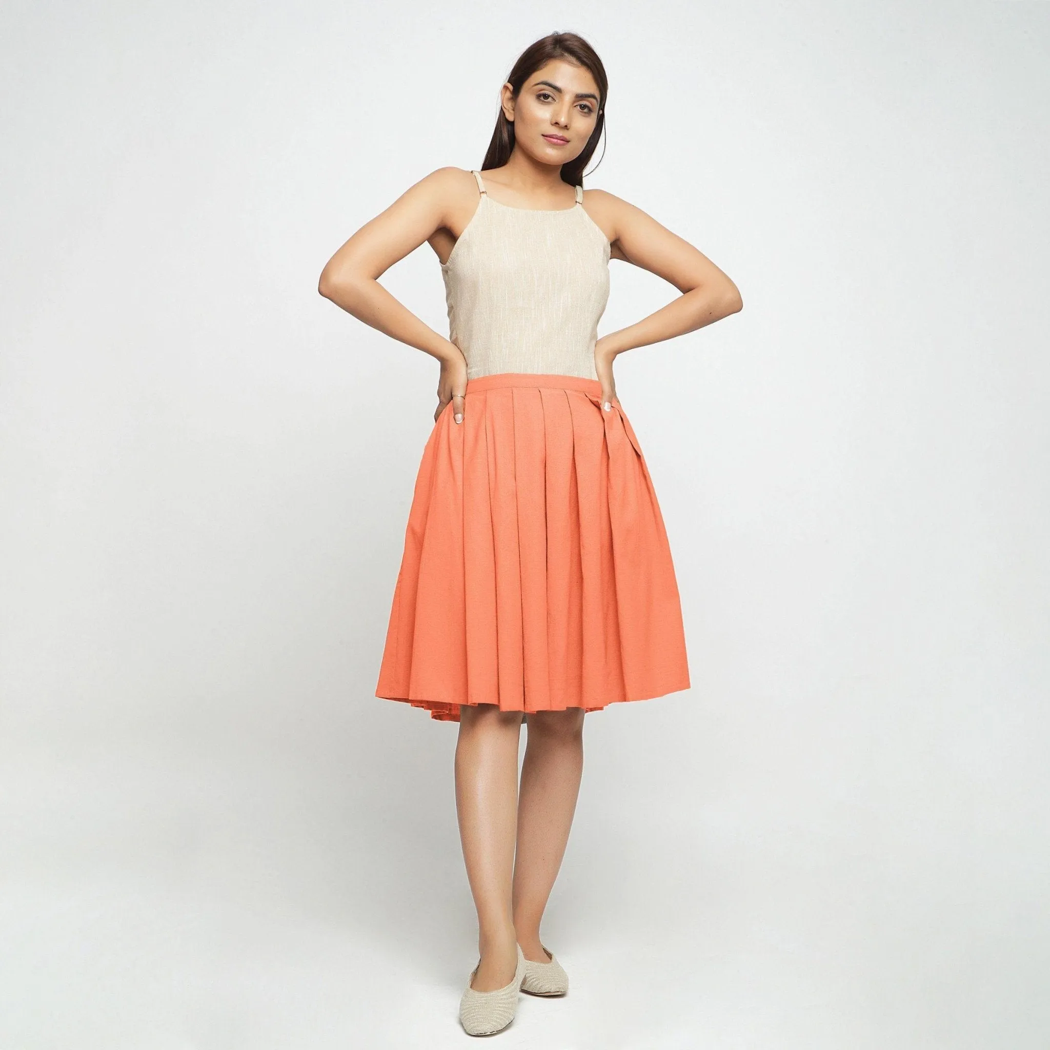 Peach Cotton Flax Pleated Knee Length Skirt