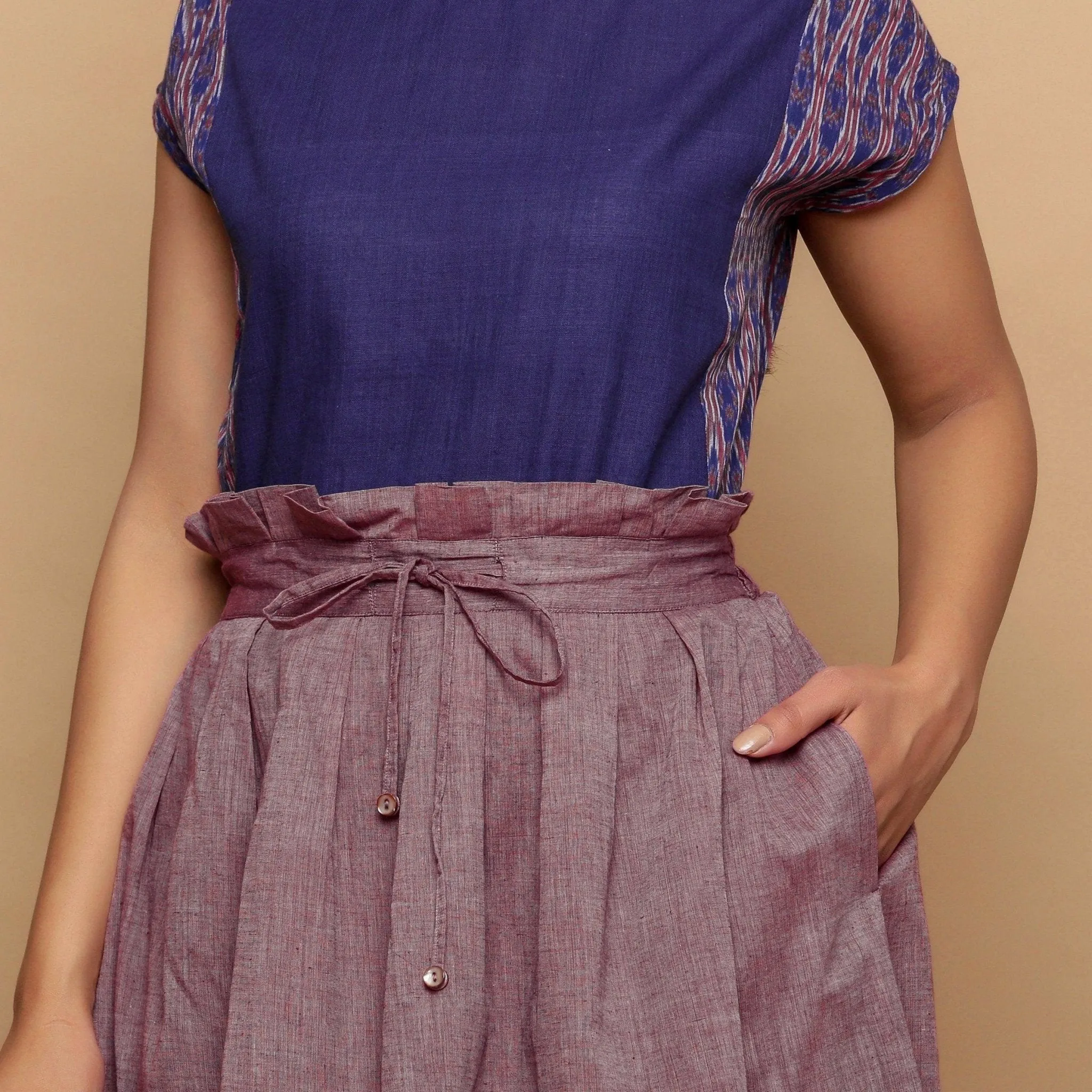 Plum Handspun Cotton Knee Length Paperbag Skirt