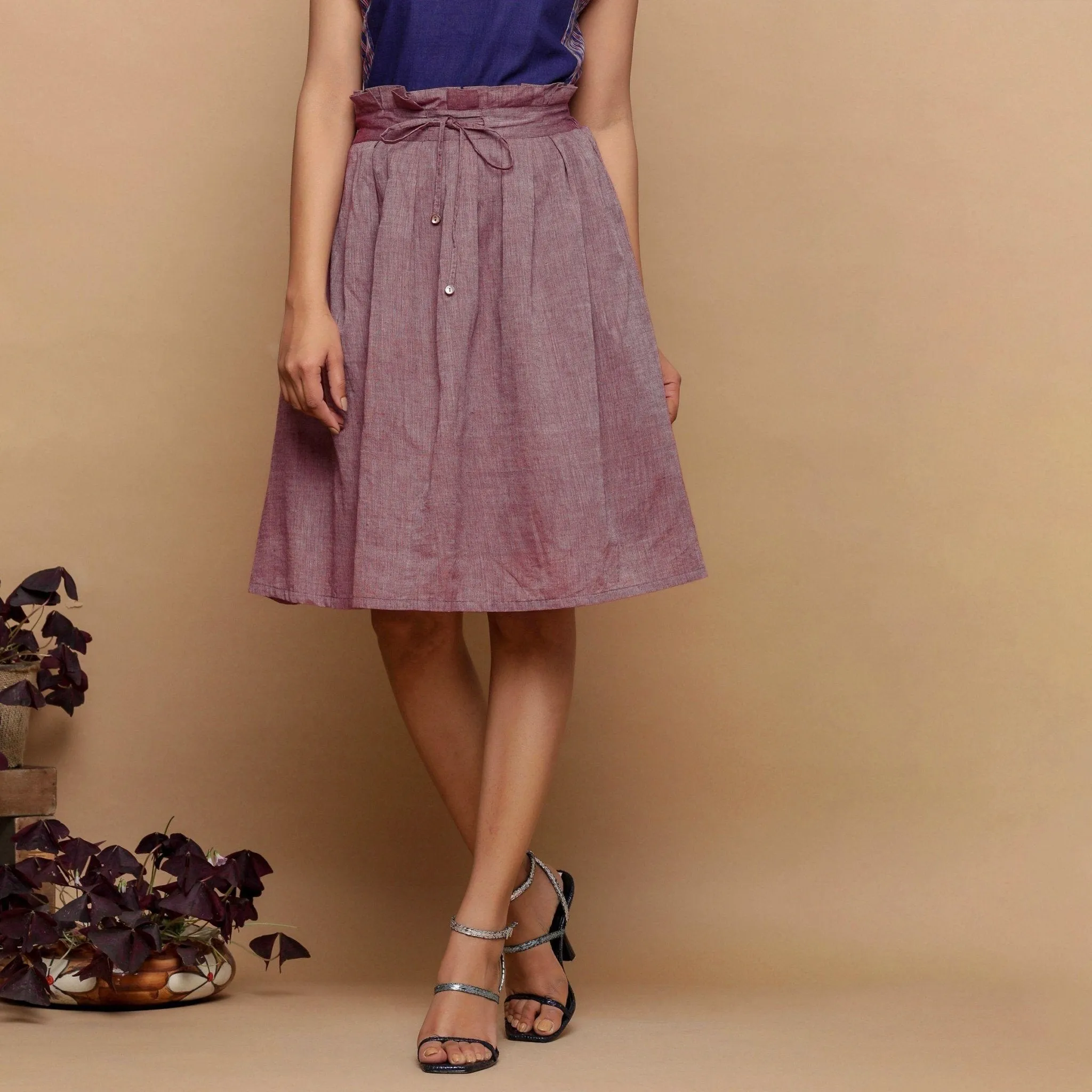 Plum Handspun Cotton Knee Length Paperbag Skirt