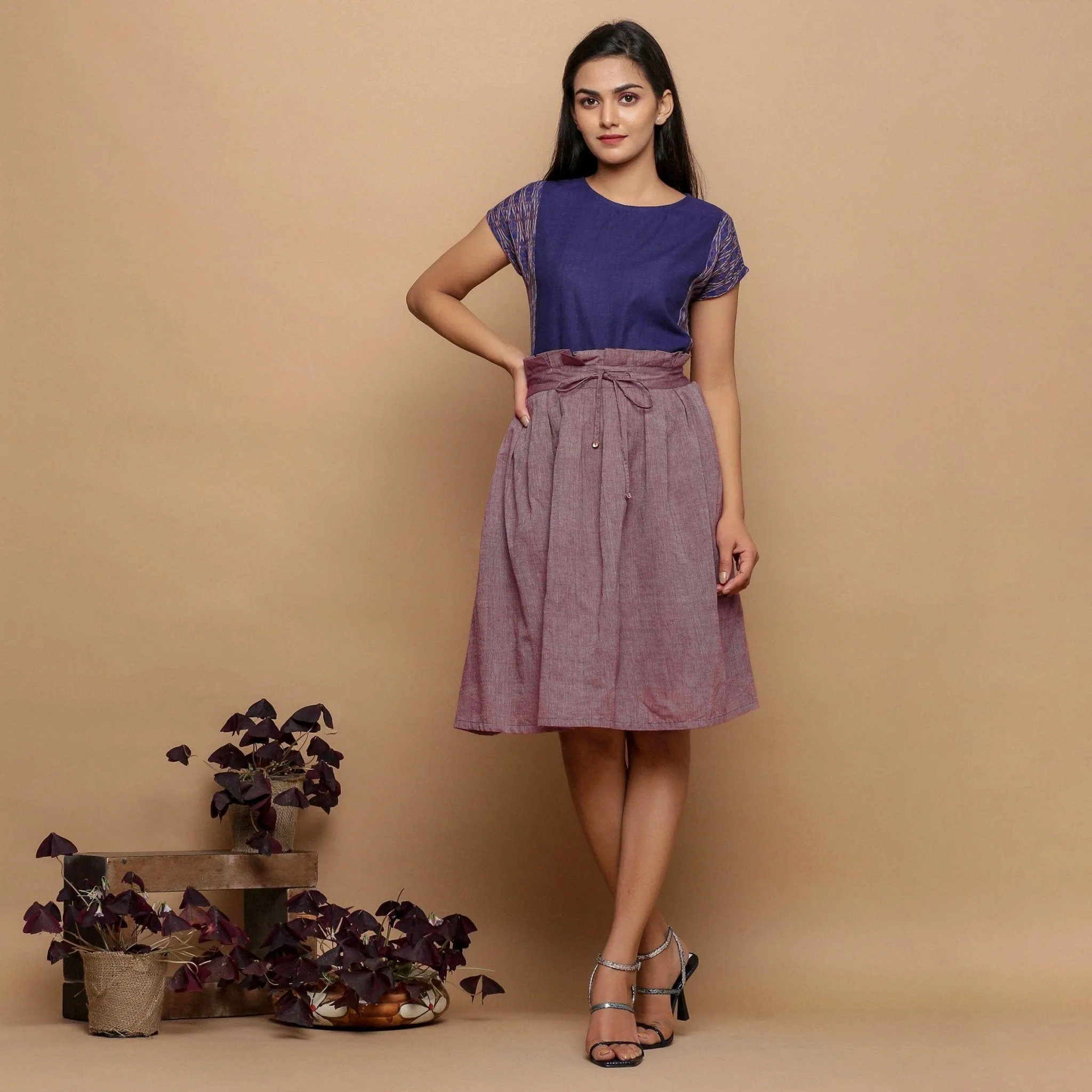 Plum Handspun Cotton Knee Length Paperbag Skirt