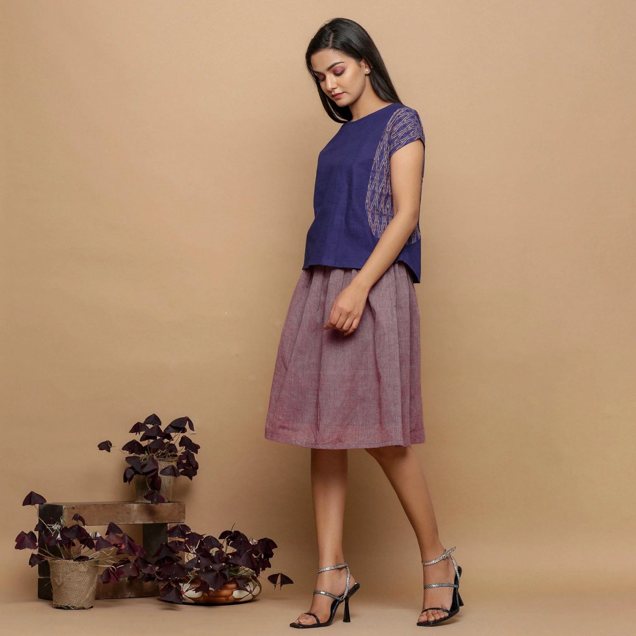 Plum Handspun Cotton Knee Length Paperbag Skirt