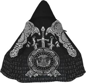 Raven Mjolnir,XXL, Odin Raven Men Viking Hooded Coat, Nordic Faux Cashmere Cloak 3D Printed Overcoat Winter Mid-Length Parka Jacket