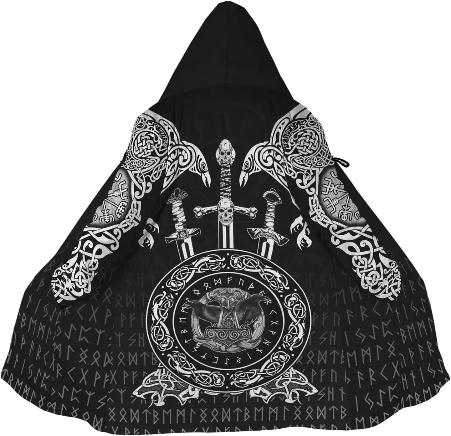 Raven Mjolnir,XXL, Odin Raven Men Viking Hooded Coat, Nordic Faux Cashmere Cloak 3D Printed Overcoat Winter Mid-Length Parka Jacket
