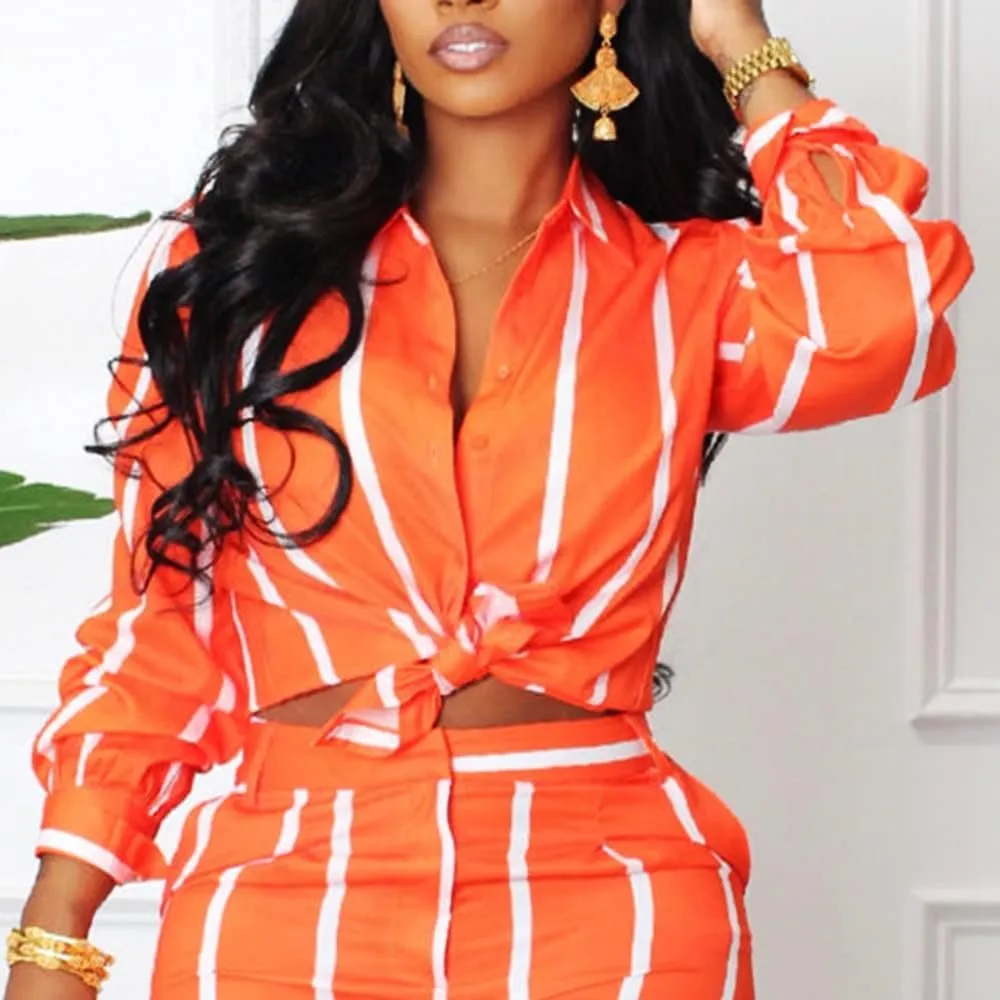 Remelon Women's Casual Two Piece Outfits Striped Long Sleeve Collar Button Down Shirt Blouse High Waist Wide Leg Pants Sets
