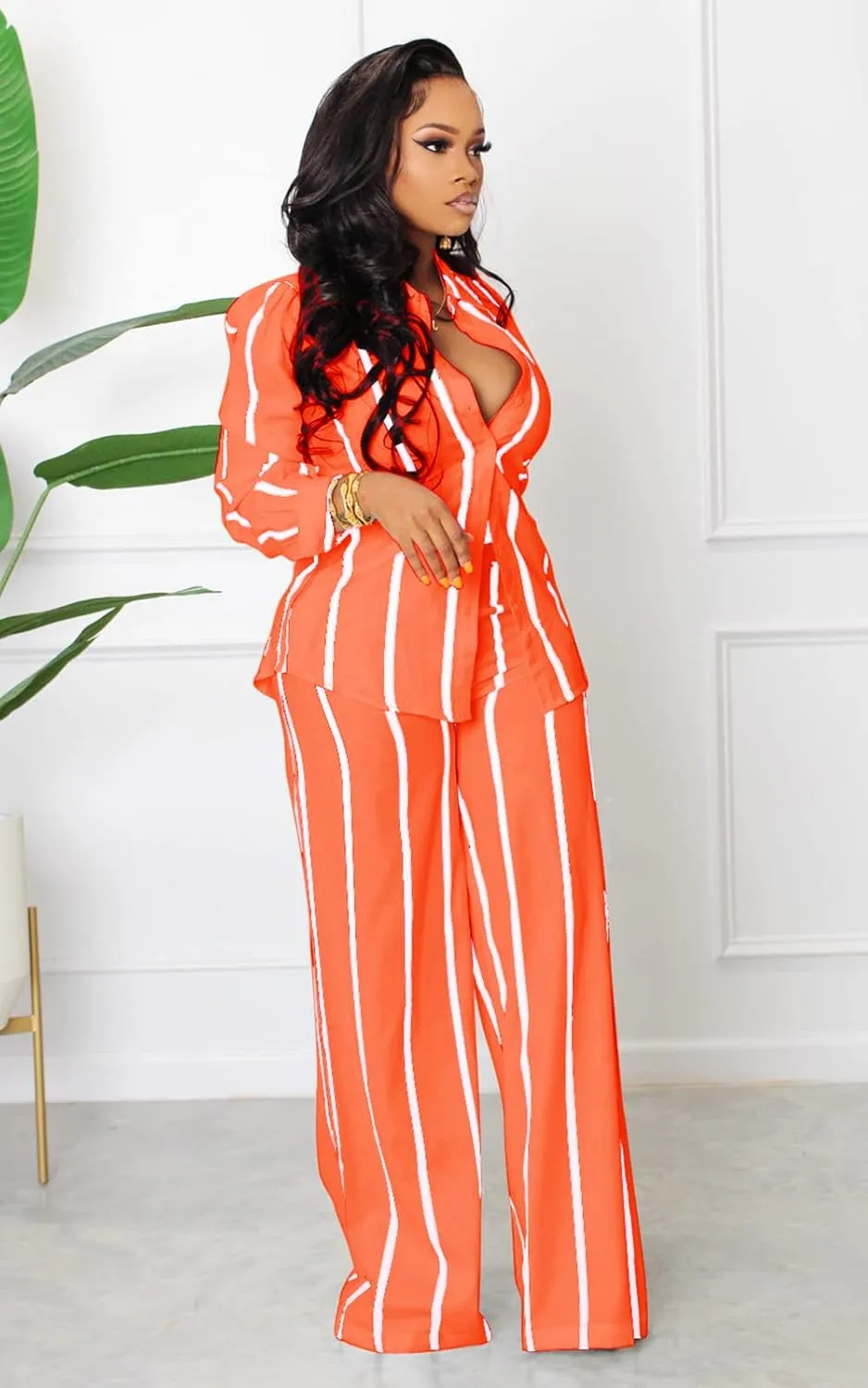 Remelon Women's Casual Two Piece Outfits Striped Long Sleeve Collar Button Down Shirt Blouse High Waist Wide Leg Pants Sets