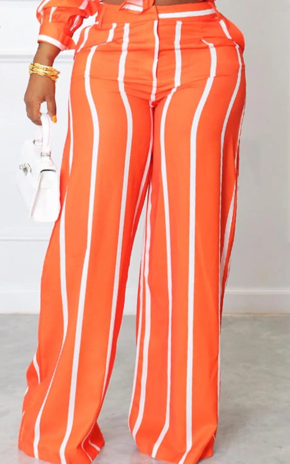 Remelon Women's Casual Two Piece Outfits Striped Long Sleeve Collar Button Down Shirt Blouse High Waist Wide Leg Pants Sets