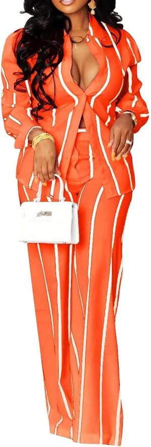 Remelon Women's Casual Two Piece Outfits Striped Long Sleeve Collar Button Down Shirt Blouse High Waist Wide Leg Pants Sets
