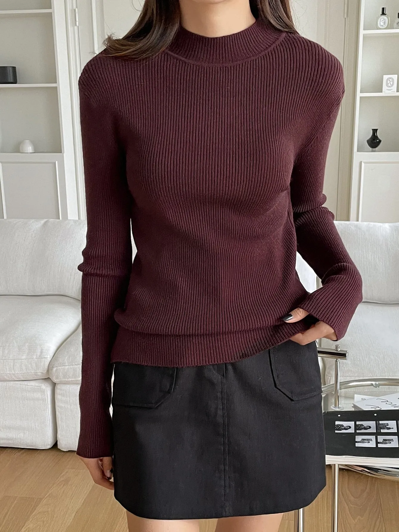 SHEIN DAZY Kpop Mock Neck Ribbed Knit Sweater