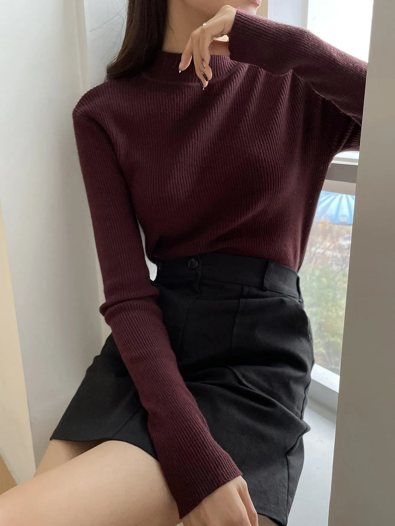 SHEIN DAZY Kpop Mock Neck Ribbed Knit Sweater