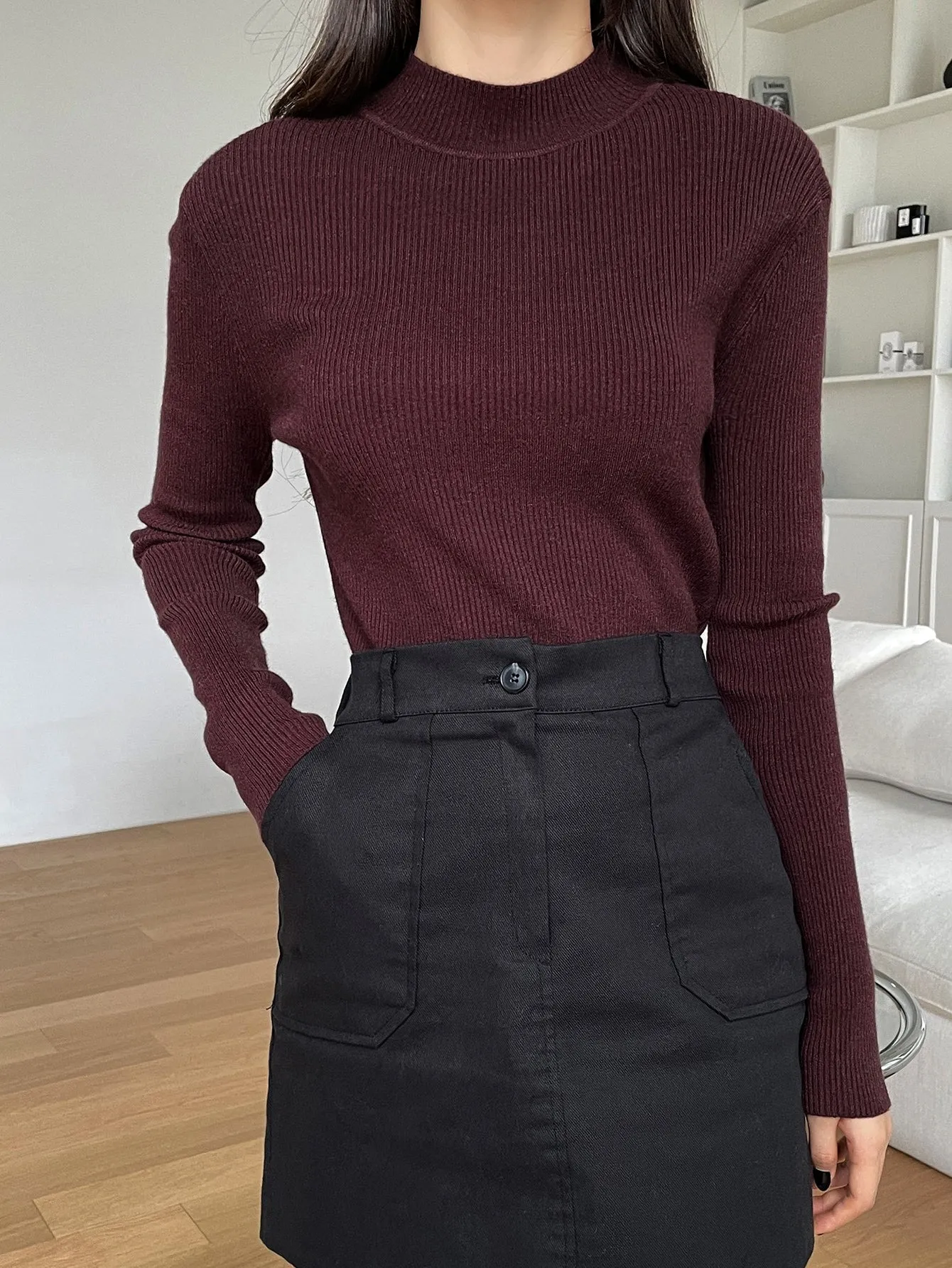 SHEIN DAZY Kpop Mock Neck Ribbed Knit Sweater