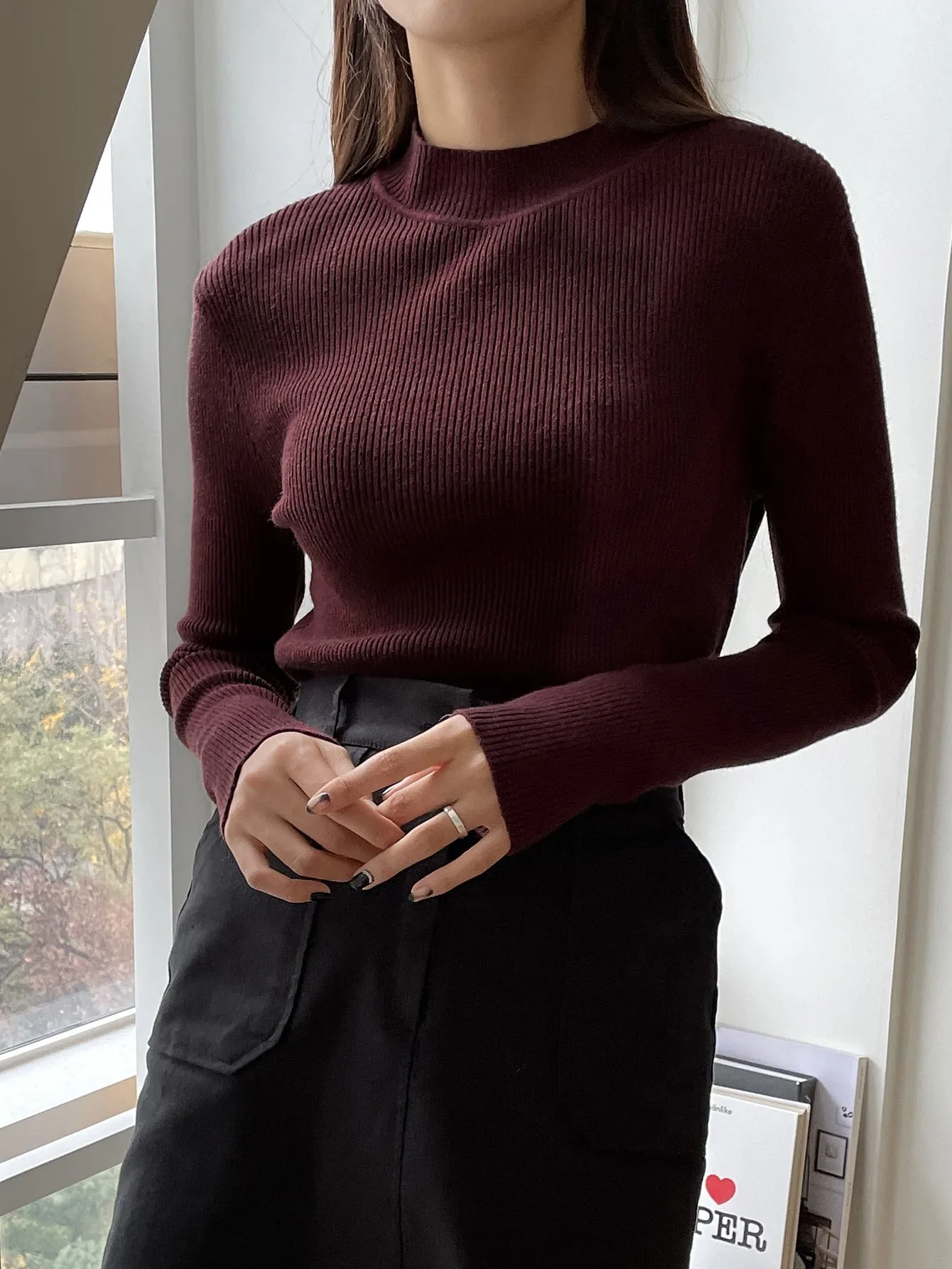 SHEIN DAZY Kpop Mock Neck Ribbed Knit Sweater