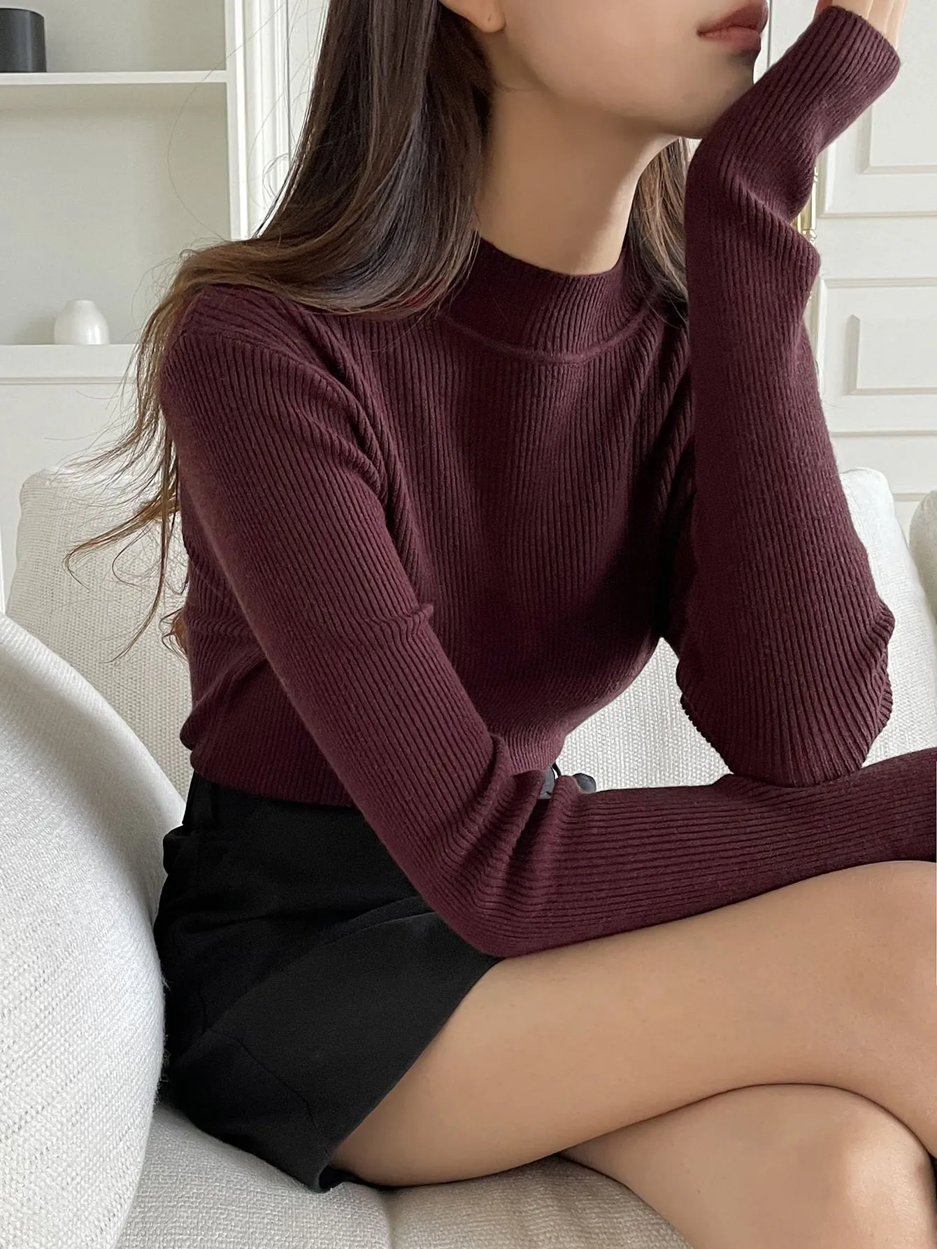 SHEIN DAZY Kpop Mock Neck Ribbed Knit Sweater