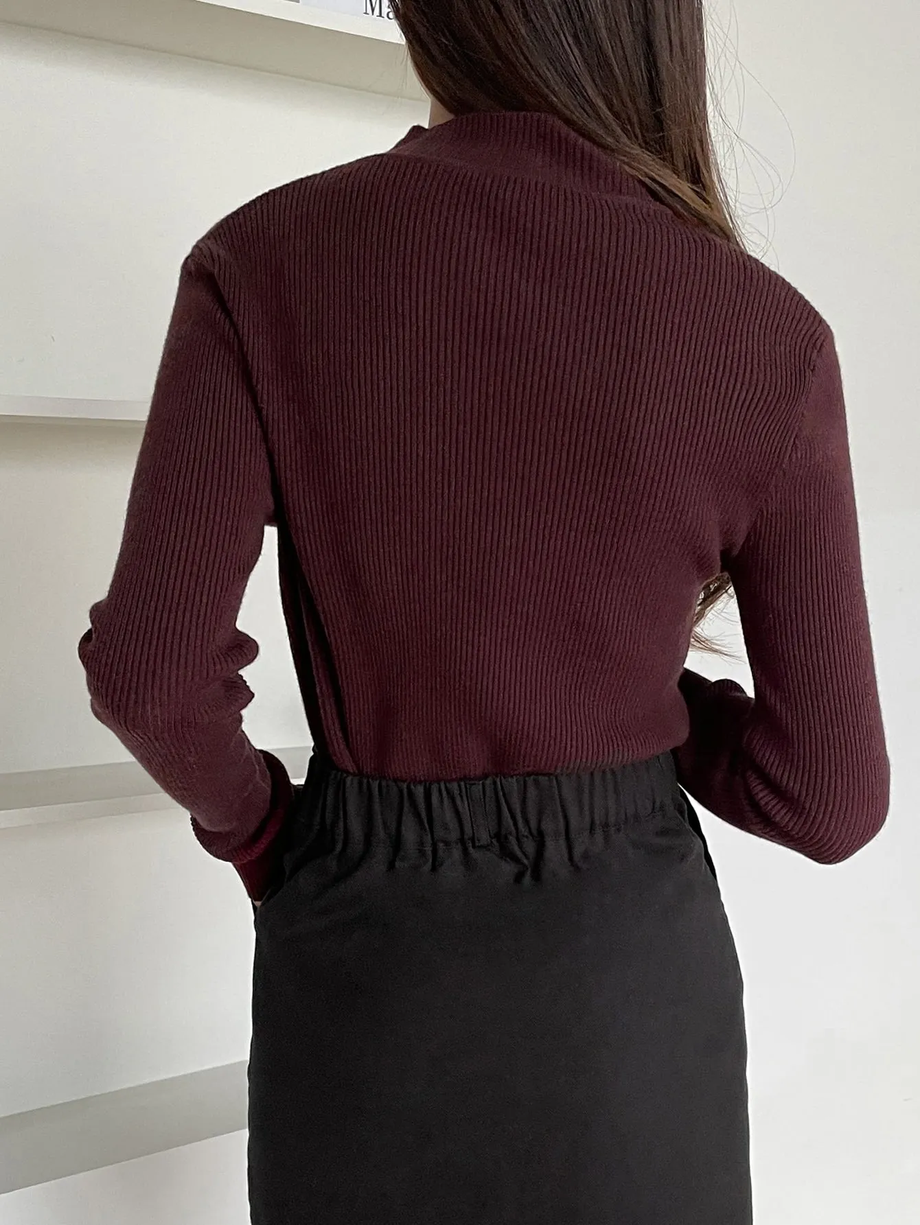 SHEIN DAZY Kpop Mock Neck Ribbed Knit Sweater