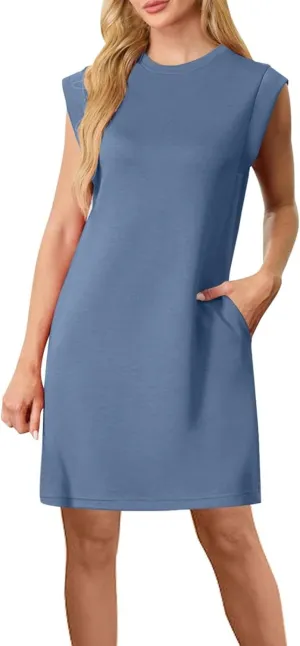 Sinzelimin Women's Pullover Dresses Fashion Solid Color Sleeveless Crewneck Loose Comfy Tank Mini Dress Summer Beach Sundress