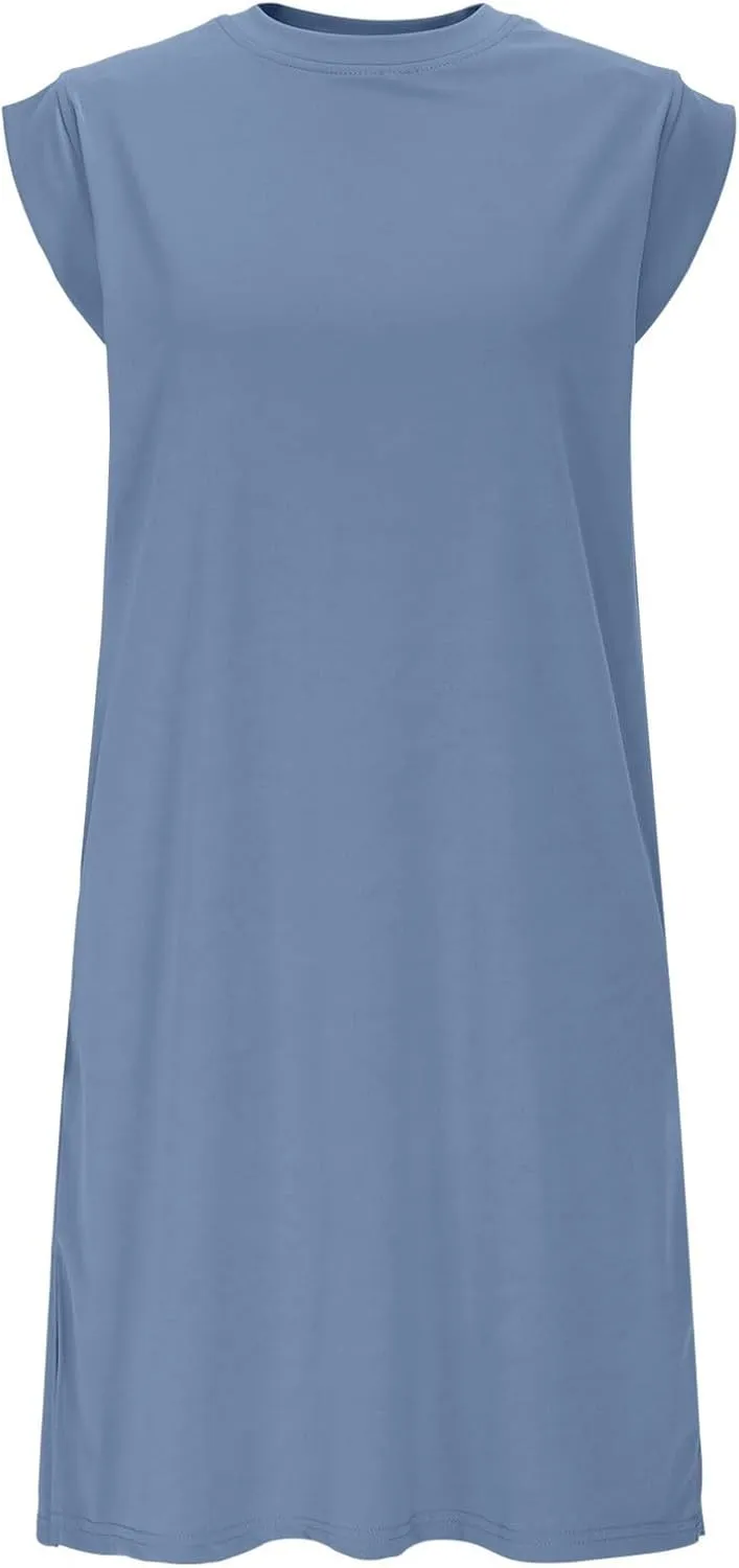 Sinzelimin Women's Pullover Dresses Fashion Solid Color Sleeveless Crewneck Loose Comfy Tank Mini Dress Summer Beach Sundress