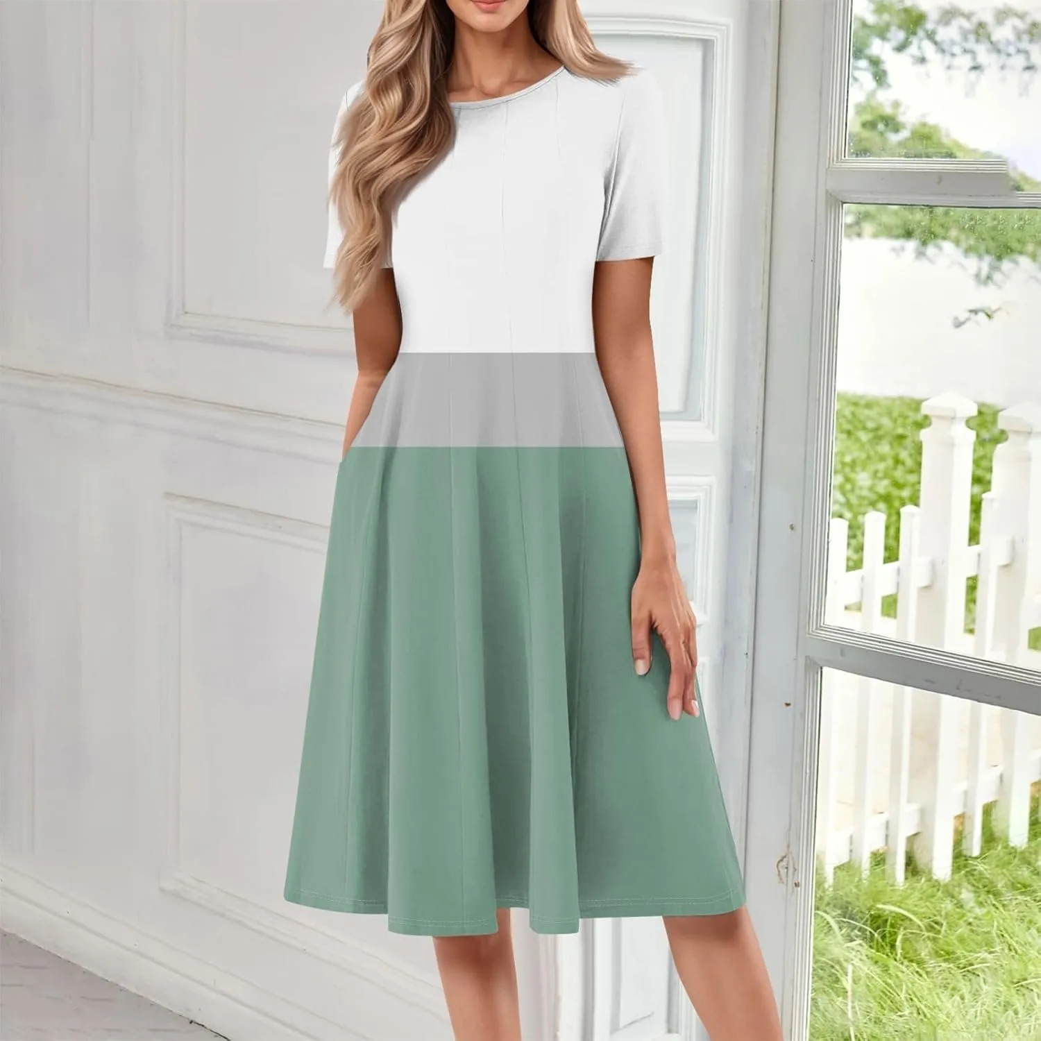 Summer Dresses for Women 2025 Elegant Short Sleeve Crewneck Flowy Midi Dress Casual Pleated Plus Size Beach Sundress