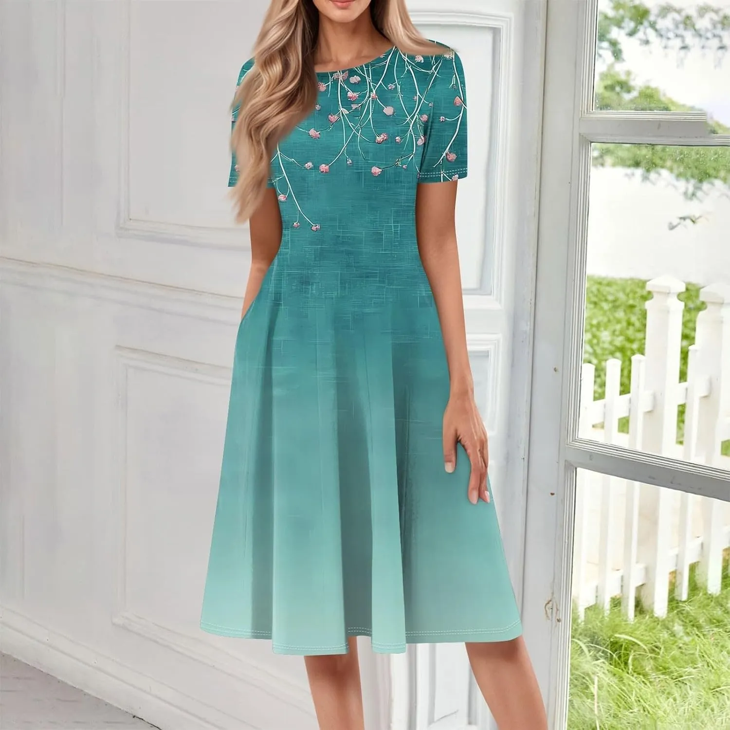 Summer Dresses for Women 2025 Elegant Short Sleeve Crewneck Flowy Midi Dress Casual Pleated Plus Size Beach Sundress