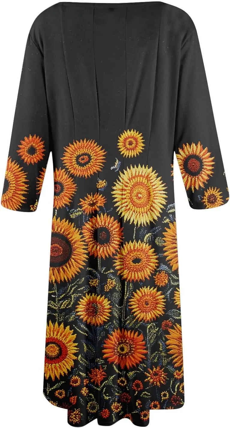 Summer Dresses for Women Aline Flowy Tshirt Dress Casual Floral 3/4 Sleeve Dress Beach Midi Dresses with Pockets