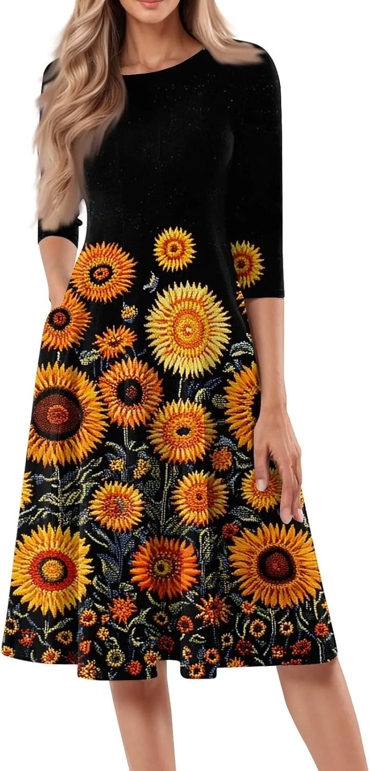 Summer Dresses for Women Aline Flowy Tshirt Dress Casual Floral 3/4 Sleeve Dress Beach Midi Dresses with Pockets