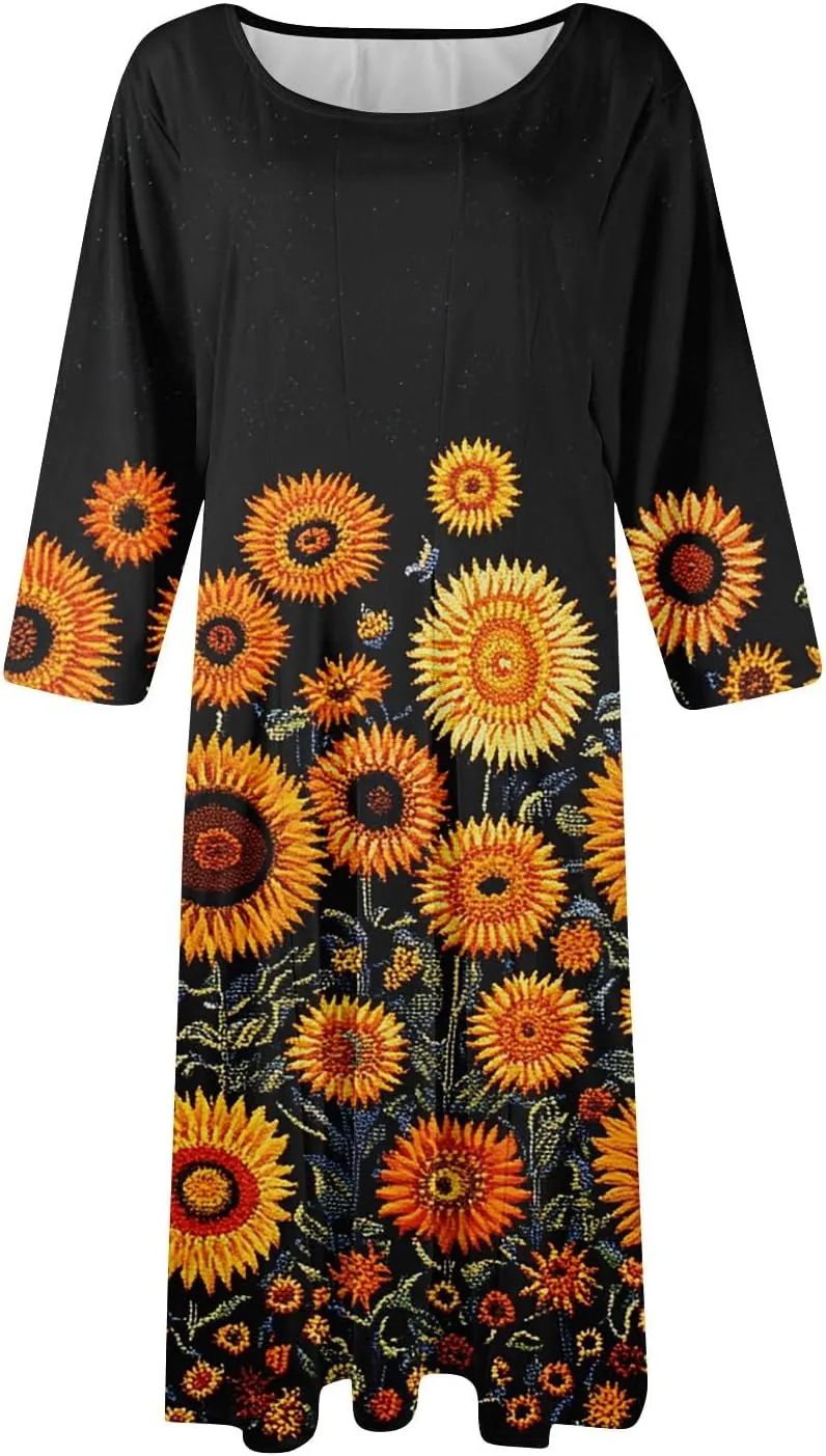 Summer Dresses for Women Aline Flowy Tshirt Dress Casual Floral 3/4 Sleeve Dress Beach Midi Dresses with Pockets