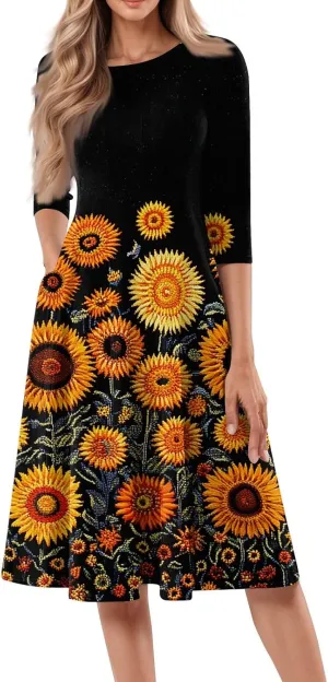 Summer Dresses for Women Aline Flowy Tshirt Dress Casual Floral 3/4 Sleeve Dress Beach Midi Dresses with Pockets