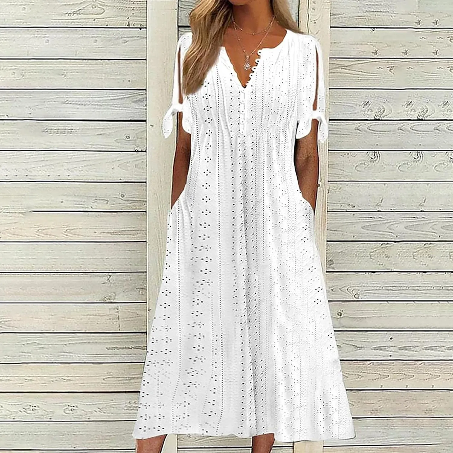 Summer Eyelet Dresses for Women 2024 with Pockets Short Sleeve Button V Neck Flowy A Line Casual Boho Midi Sun Dress