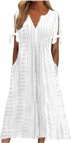 Summer Eyelet Dresses for Women 2024 with Pockets Short Sleeve Button V Neck Flowy A Line Casual Boho Midi Sun Dress