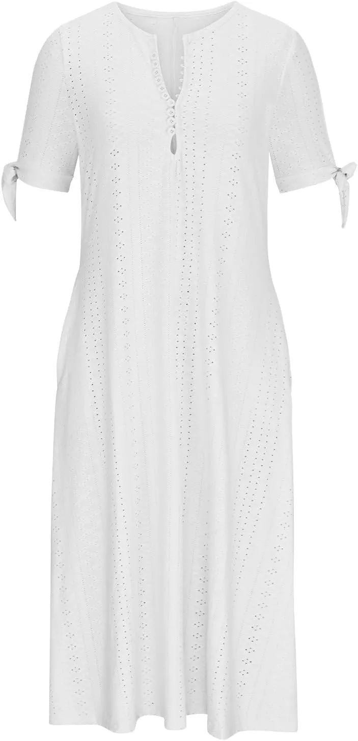 Summer Eyelet Dresses for Women 2024 with Pockets Short Sleeve Button V Neck Flowy A Line Casual Boho Midi Sun Dress
