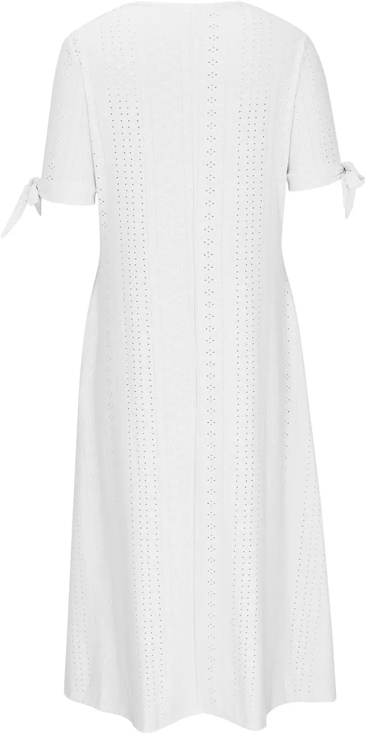 Summer Eyelet Dresses for Women 2024 with Pockets Short Sleeve Button V Neck Flowy A Line Casual Boho Midi Sun Dress