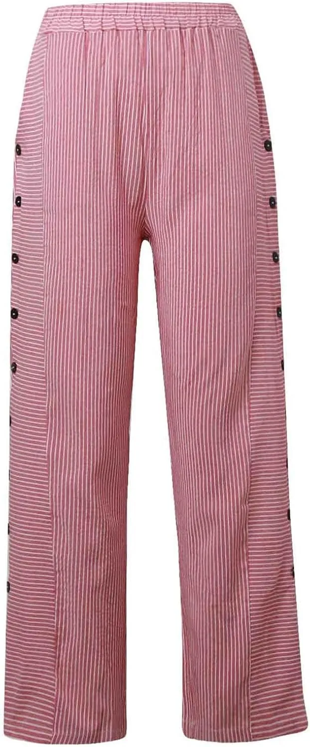 Summer Pants for Women Striped Printed Side Button Pants Baggy Elastic Waist Straight Leg Trousers with Pockets
