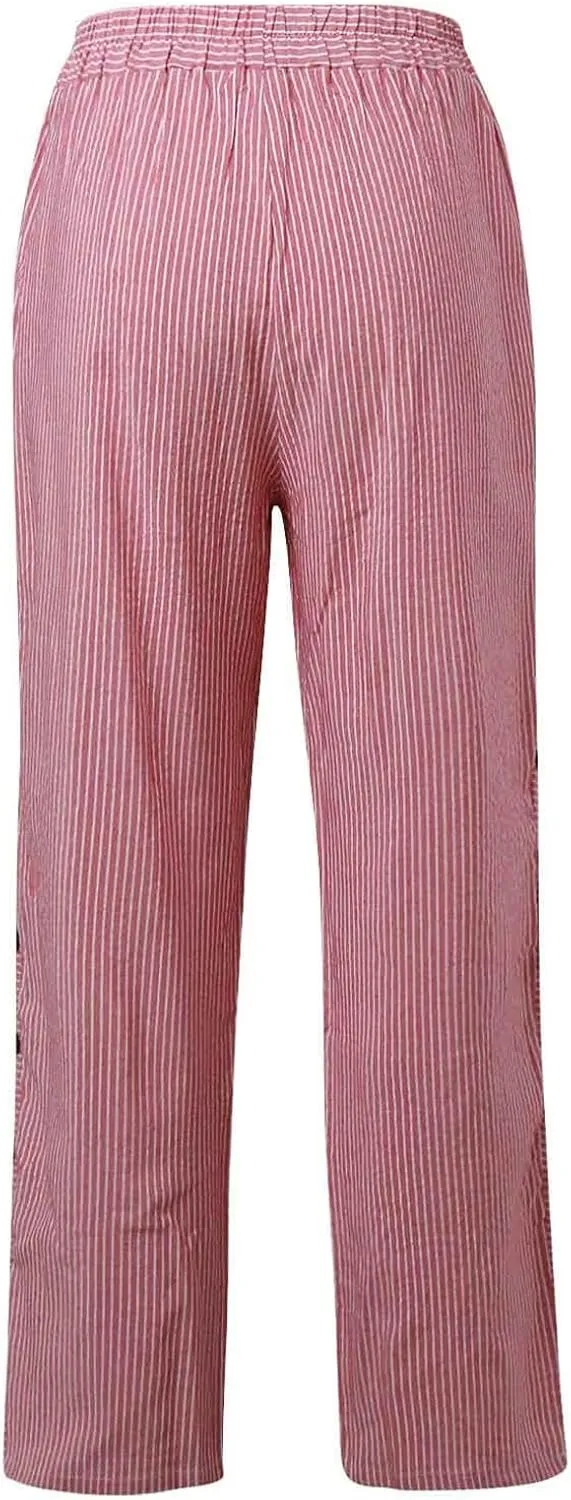Summer Pants for Women Striped Printed Side Button Pants Baggy Elastic Waist Straight Leg Trousers with Pockets