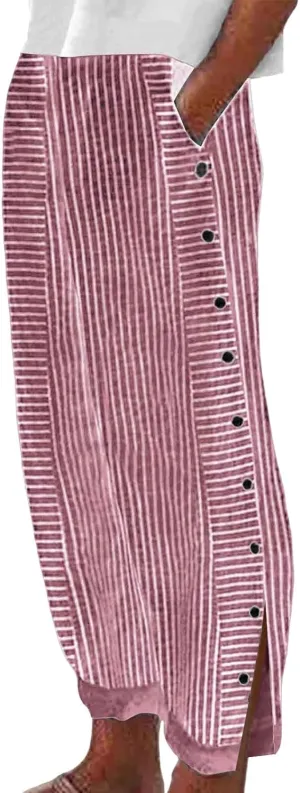 Summer Pants for Women Striped Printed Side Button Pants Baggy Elastic Waist Straight Leg Trousers with Pockets