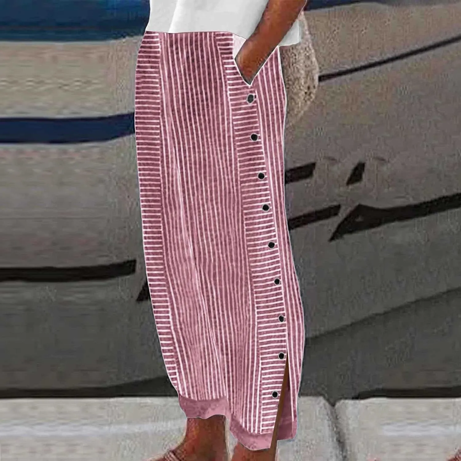 Summer Pants for Women Striped Printed Side Button Pants Baggy Elastic Waist Straight Leg Trousers with Pockets