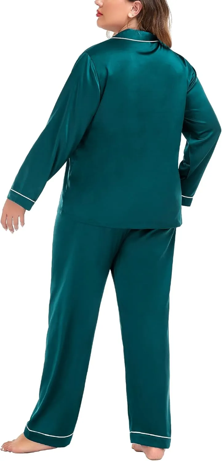 SWOMOG Plus Size Pajama Set for Women Silk Satin Pajamas Long Sleeve Sleepwear Button Down PJs Soft Pj Set with Chest Pocket