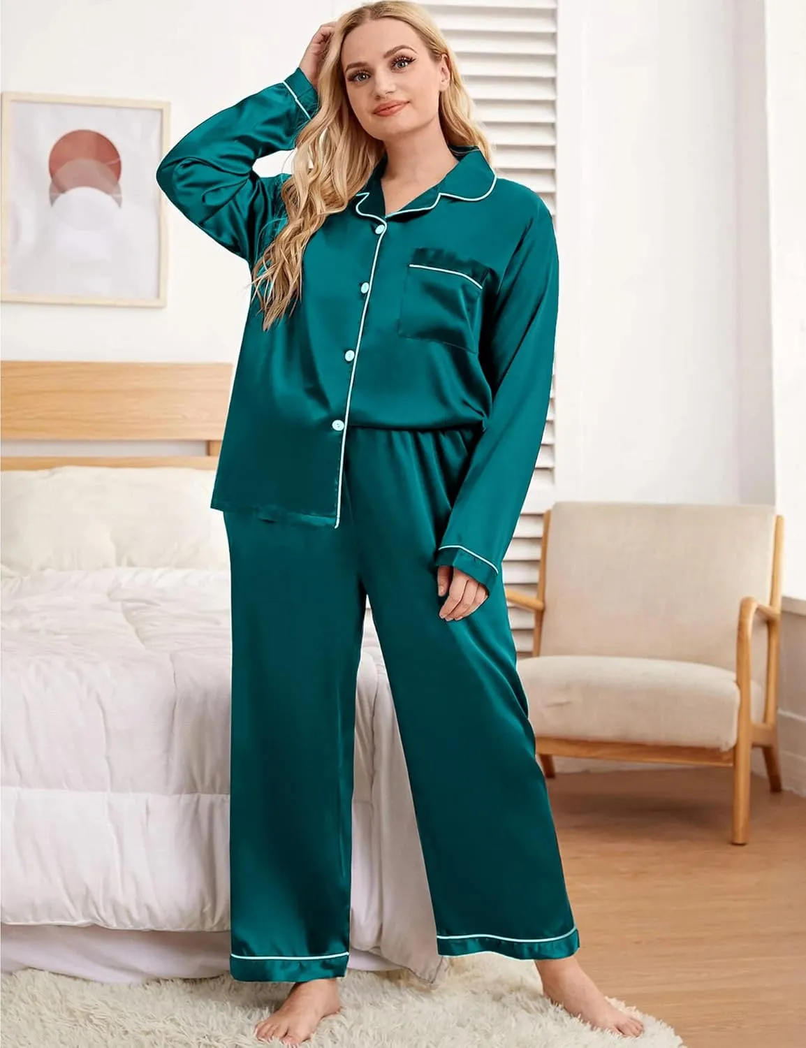 SWOMOG Plus Size Pajama Set for Women Silk Satin Pajamas Long Sleeve Sleepwear Button Down PJs Soft Pj Set with Chest Pocket