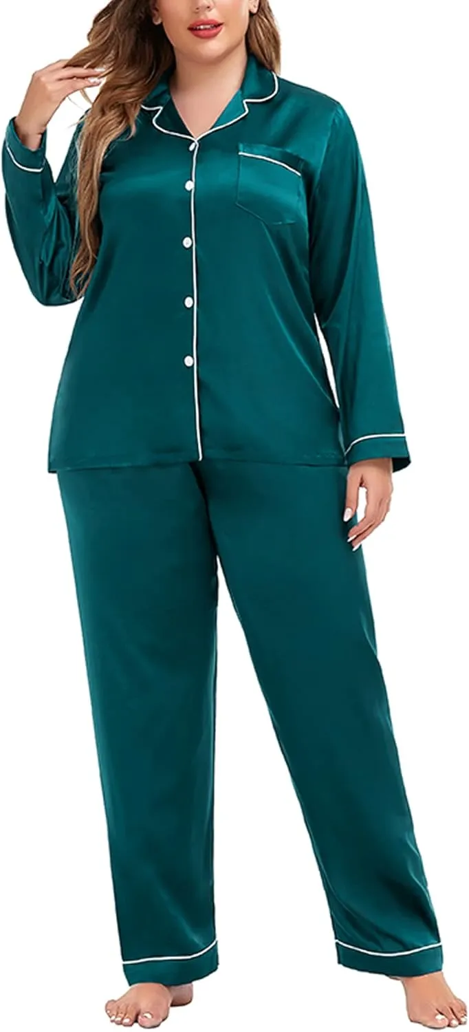 SWOMOG Plus Size Pajama Set for Women Silk Satin Pajamas Long Sleeve Sleepwear Button Down PJs Soft Pj Set with Chest Pocket