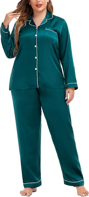 SWOMOG Plus Size Pajama Set for Women Silk Satin Pajamas Long Sleeve Sleepwear Button Down PJs Soft Pj Set with Chest Pocket
