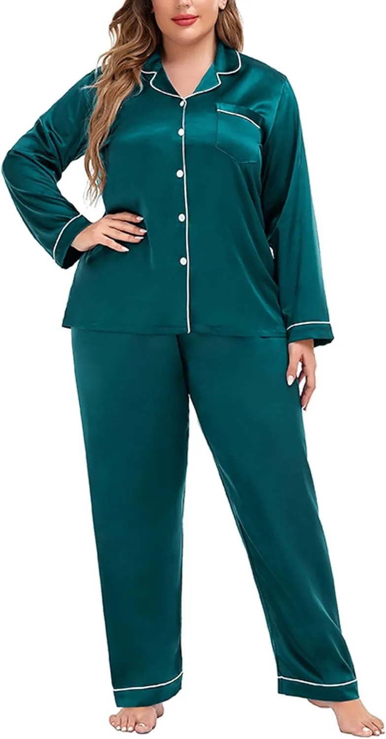 SWOMOG Plus Size Pajama Set for Women Silk Satin Pajamas Long Sleeve Sleepwear Button Down PJs Soft Pj Set with Chest Pocket
