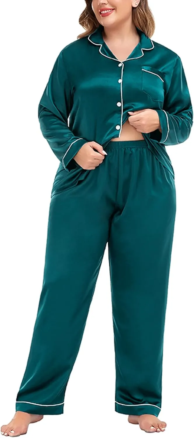 SWOMOG Plus Size Pajama Set for Women Silk Satin Pajamas Long Sleeve Sleepwear Button Down PJs Soft Pj Set with Chest Pocket