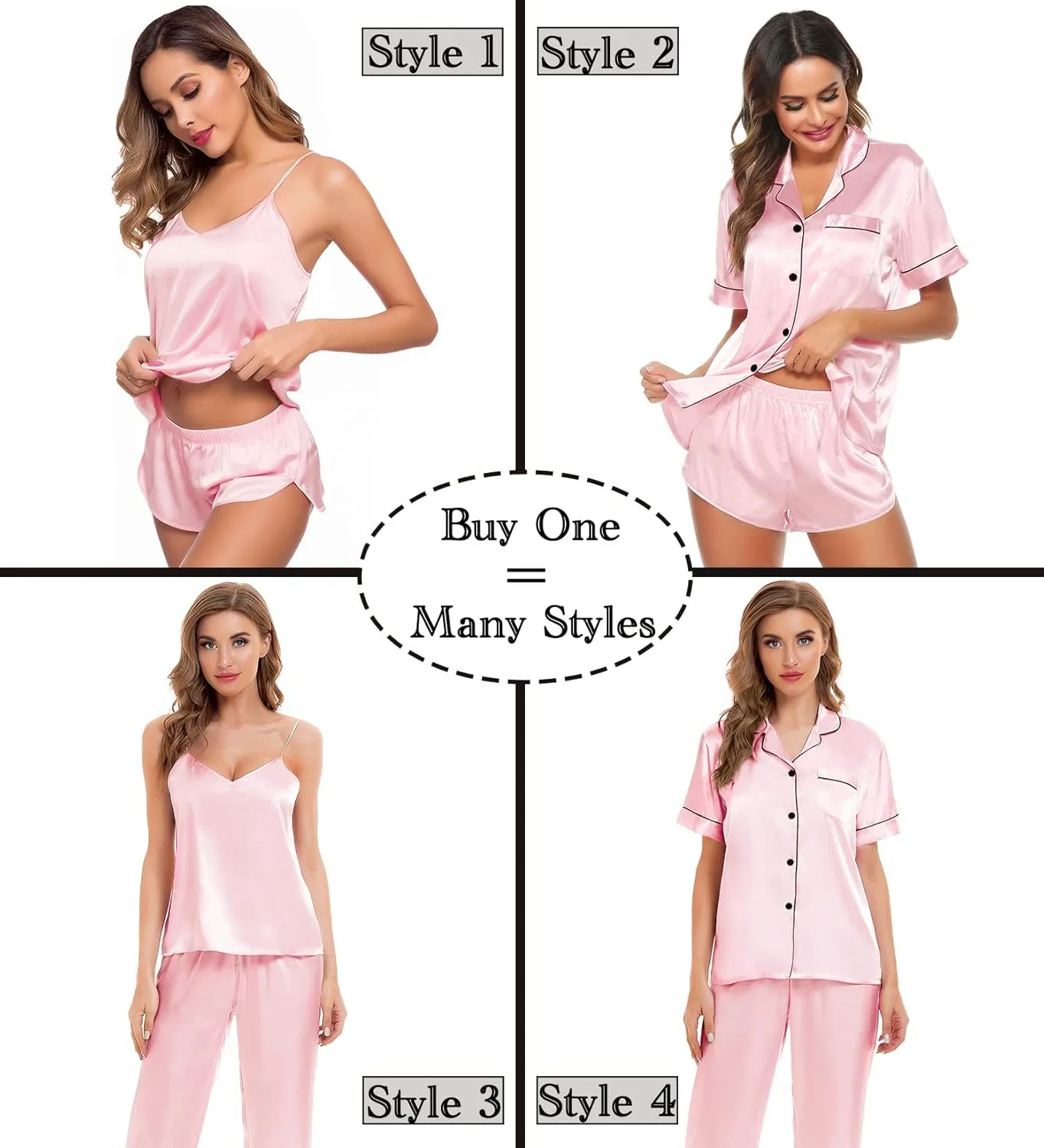 SWOMOG Womens Silk Satin Pajamas Sets 4pcs Sleepwear Sexy Cami Shorts Set and Button Down Short Sleeve Pjs Loungewear