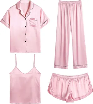 SWOMOG Womens Silk Satin Pajamas Sets 4pcs Sleepwear Sexy Cami Shorts Set and Button Down Short Sleeve Pjs Loungewear