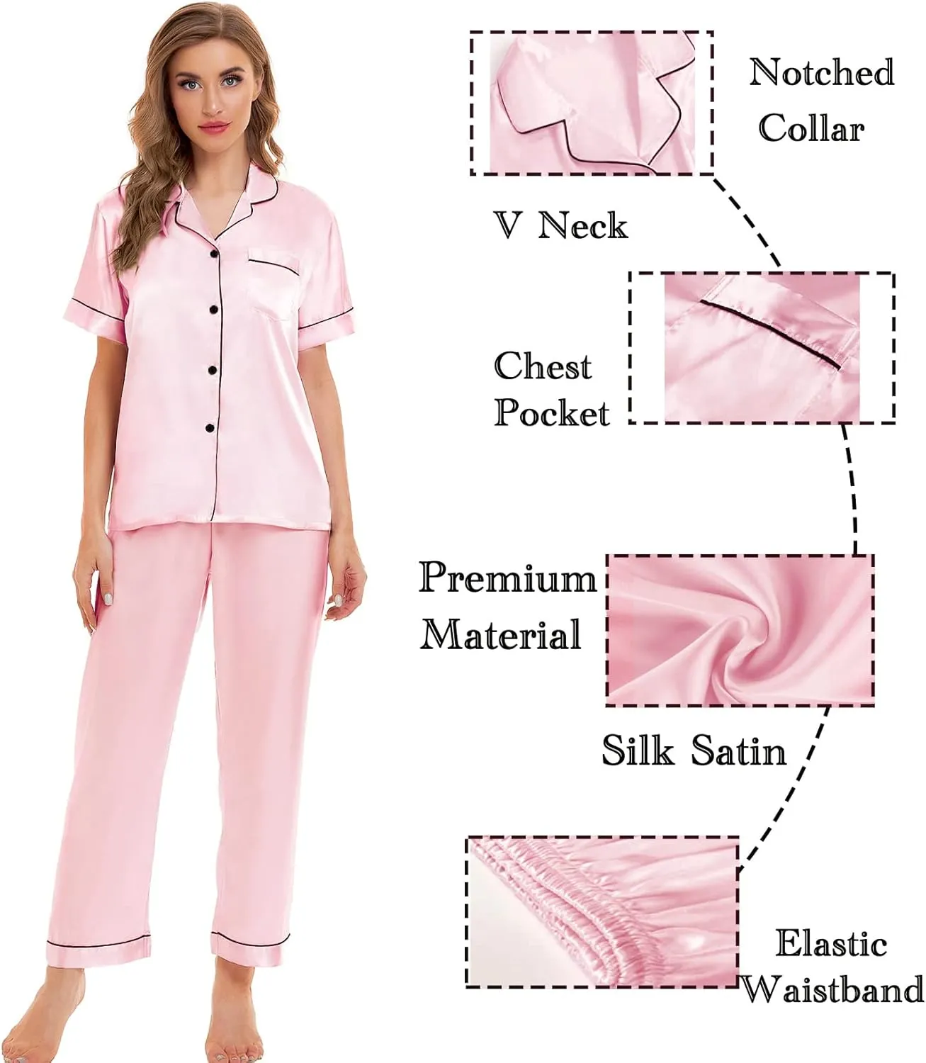 SWOMOG Womens Silk Satin Pajamas Sets 4pcs Sleepwear Sexy Cami Shorts Set and Button Down Short Sleeve Pjs Loungewear
