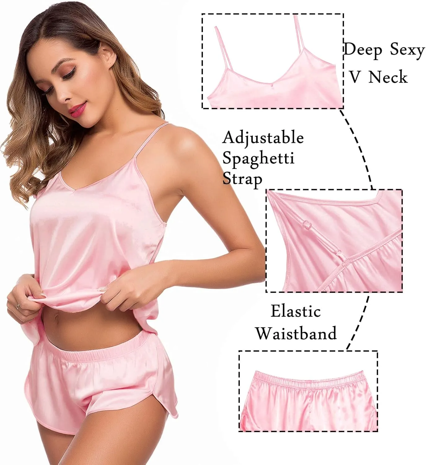 SWOMOG Womens Silk Satin Pajamas Sets 4pcs Sleepwear Sexy Cami Shorts Set and Button Down Short Sleeve Pjs Loungewear