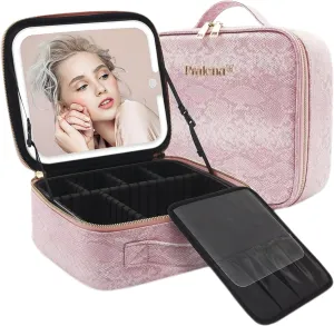 Travel Makeup Bag with LED Mirror  3 Brightness Modes, Portable Lighted Makeup Case with Adjustable Dividers, Cosmetic Organizer Gift for Women (Pink)