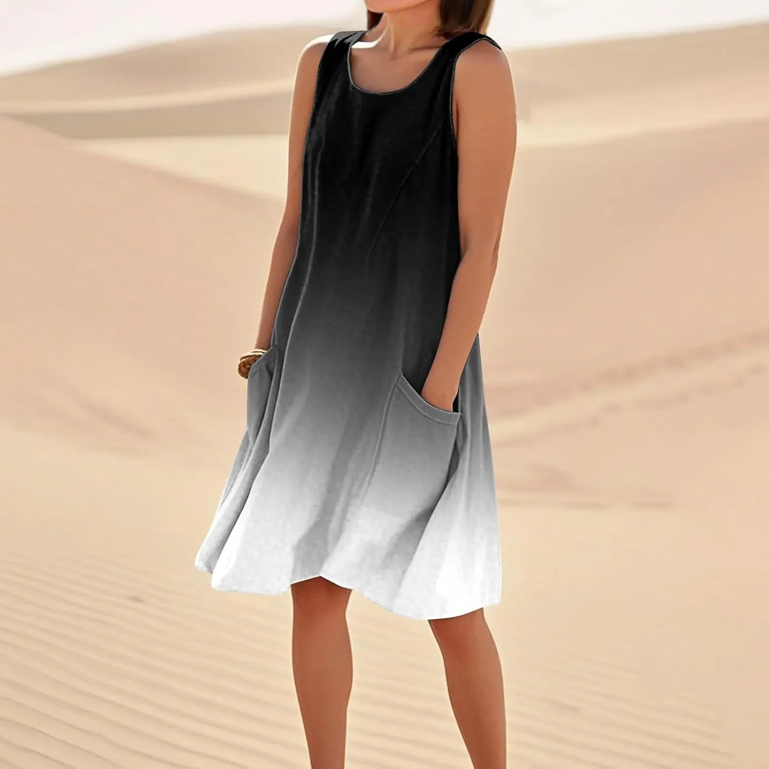Vacation Dresses for Women 2025 Beach Summer Sleeveless Linen Midi Dress Flowy Plus Size Boho Sun Dresses with Pocket