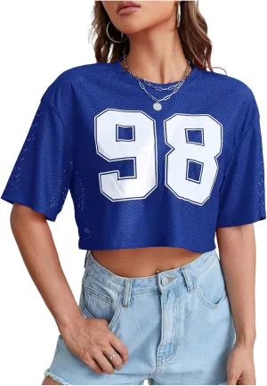 Verdusa Women's Cropped Jersey Shirts Graphic Tees Waffle Short Sleeve Vintage T Shirts Crop Tops
